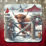 Schattigee Highland Koe op het Boerderij Christmas Vierkante Sticker<br><div class="desc">Ai waterverf illustratie van een tafereel op een rustiek boerderij met een Highland koe,  kardinaal en kip zitten achter een houten hek versierd met dennenappels,  bessen en slinger op een kerstwinterdag.</div>
