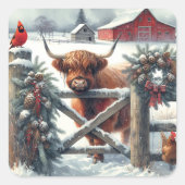 Schattigee Highland Koe op het Boerderij Christmas Vierkante Sticker (Voorkant)