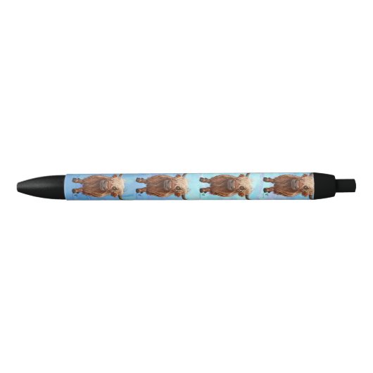 Schattigee Highland Koe Pattern op Blue Zwarte Inkt Pen (Voorkant)