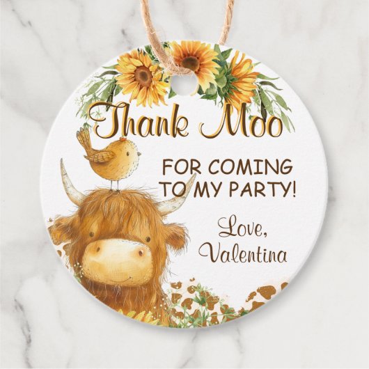 Schattigee Highland Koe Print Vogel Zonnebloemen D Bedankjes Labels (Voorkant)