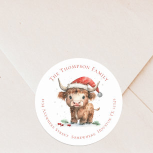 Schattigee Highland Koe Retournaam Adres Kerst Ronde Sticker