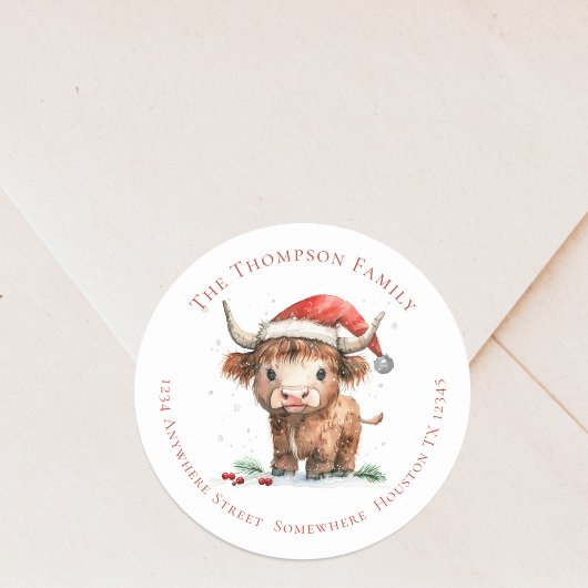 Schattigee Highland Koe Retournaam Adres Kerst Ronde Sticker