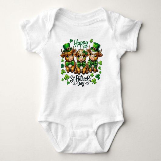 Schattigee Highland Koe St. Patrick's Day Baby Bod Romper (Voorkant)