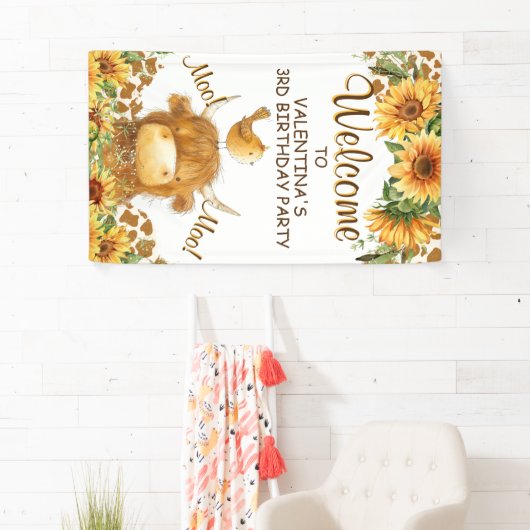 Schattigee Highland Koe Zonnebloemen Moo Party Wel Spandoek (Insitu)