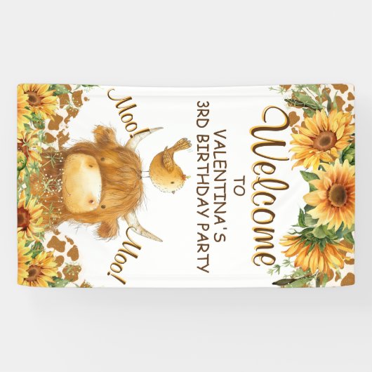 Schattigee Highland Koe Zonnebloemen Moo Party Wel Spandoek (Horizontaal)