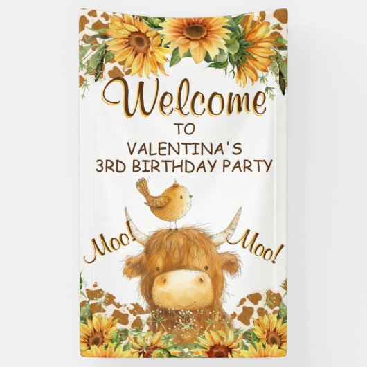 Schattigee Highland Koe Zonnebloemen Moo Party Wel Spandoek (Verticaal)