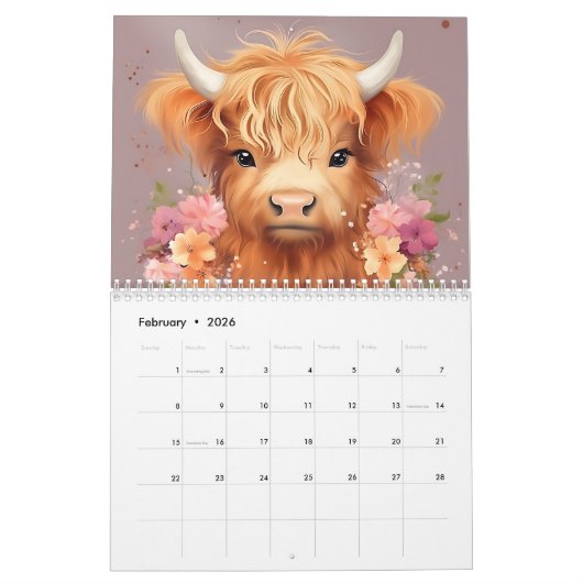 Schattigee Highland Koeien en Kalveren Bloemen Kalender (Feb 2026)
