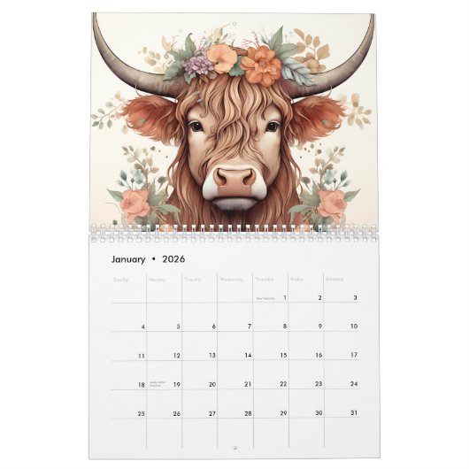 Schattigee Highland Koeien en Kalveren Bloemen Kalender (Jan 2026)