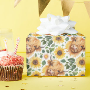 Schattigee Highland Koeien & Gele Zonnebloemen Cadeaupapier