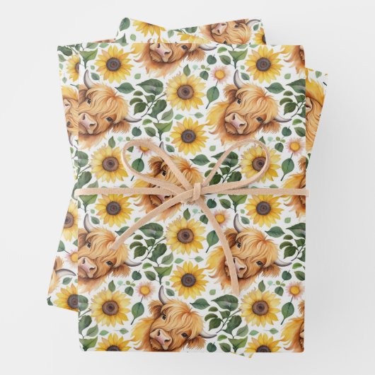 Schattigee Highland Koeien & Gele Zonnebloemen Inpakpapier Vel (In situ)