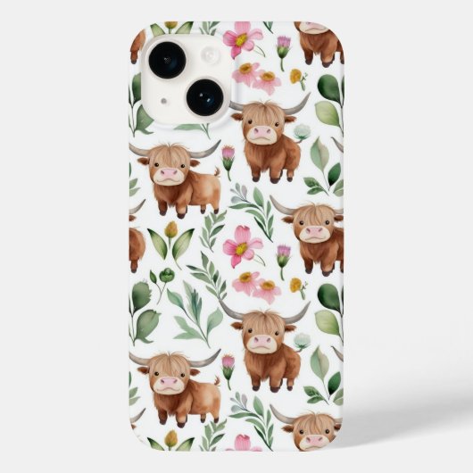 Schattigee Highland Koeien & Roze Bloemen Patroon  Case-Mate iPhone Case (Achterkant)