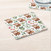 Schattigee Highland Koeien & Roze Bloemen Patroon  Kartonnen Onderzetters (Schuin)