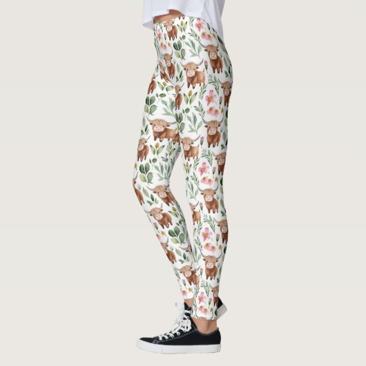 Schattigee Highland Koeien & Roze Bloemen Patroon Leggings (Links)