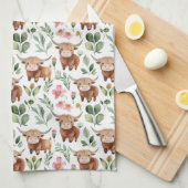 Schattigee Highland Koeien & Roze Bloemen Patroon  Theedoek (Quarter Fold)