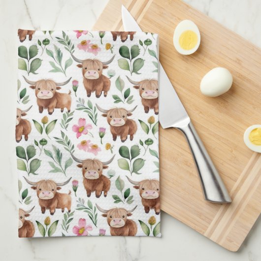Schattigee Highland Koeien & Roze Bloemen Patroon Theedoek (Quarter Fold)