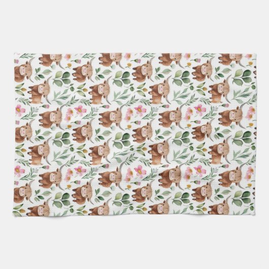 Schattigee Highland Koeien & Roze Bloemen Patroon  Theedoek (Horizontaal)