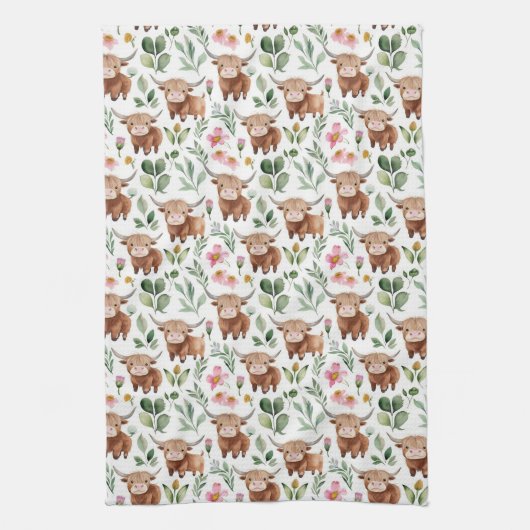 Schattigee Highland Koeien & Roze Bloemen Patroon Theedoek (Verticaal)