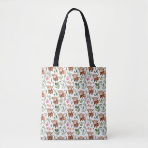 Schattigee Highland Koeien & Roze Bloemen Patroon  Tote Bag