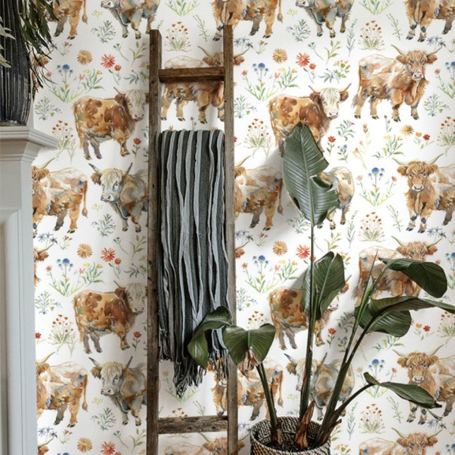 Schattigee Highland Koeien & Wildflowers Behang (Creator heeft geüpload)