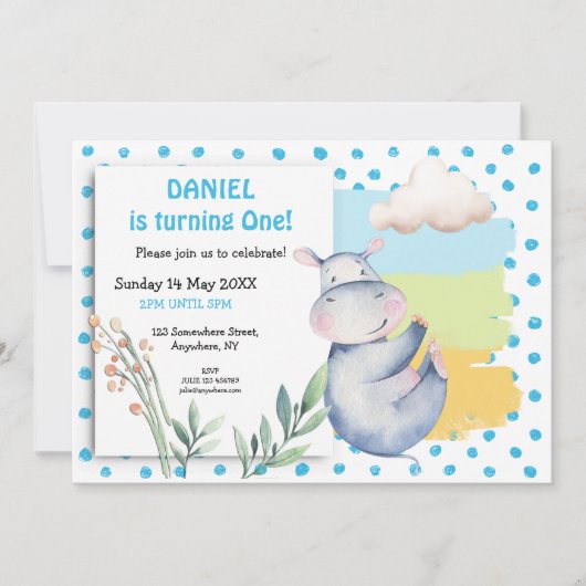 Schattigee Hippo Blue Stippen Boys eerste verjaard Kaart (Voorkant)