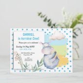 Schattigee Hippo Blue Stippen Boys eerste verjaard Kaart (Staand voorkant)
