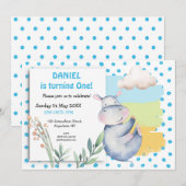 Schattigee Hippo Blue Stippen Boys eerste verjaard Kaart (Voorkant / Achterkant)