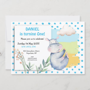 Schattigee Hippo Blue Stippen Boys eerste verjaard Kaart