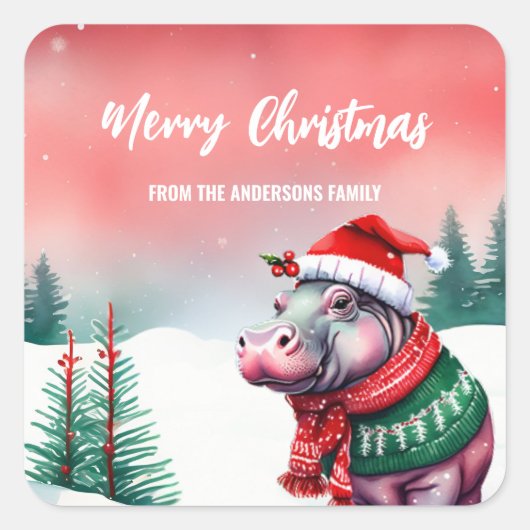 Schattigee HIPPO dierentuin Kerstfeest kinderen Vierkante Sticker (Voorkant)