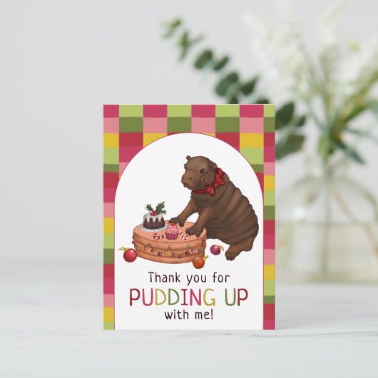 Schattigee Hippo en Pudding Grappige Kerst Dank U Feestdagenkaart (Staand voorkant)