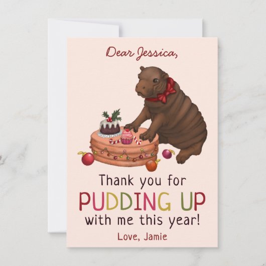 Schattigee Hippo en Pudding Grappige Kerst Dank U Feestdagenkaart (Voorkant)