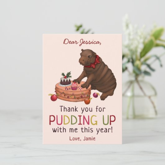Schattigee Hippo en Pudding Grappige Kerst Dank U Feestdagenkaart (Staand voorkant)