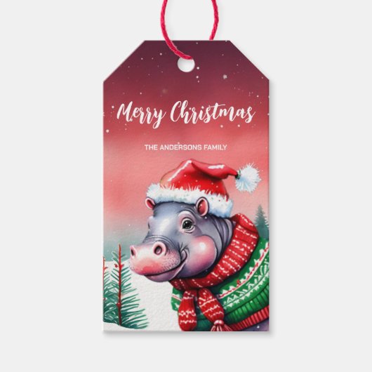 Schattigee HIPPO Kerstboom feest Sneeuw kinderen Cadeaulabel (Voorkant)