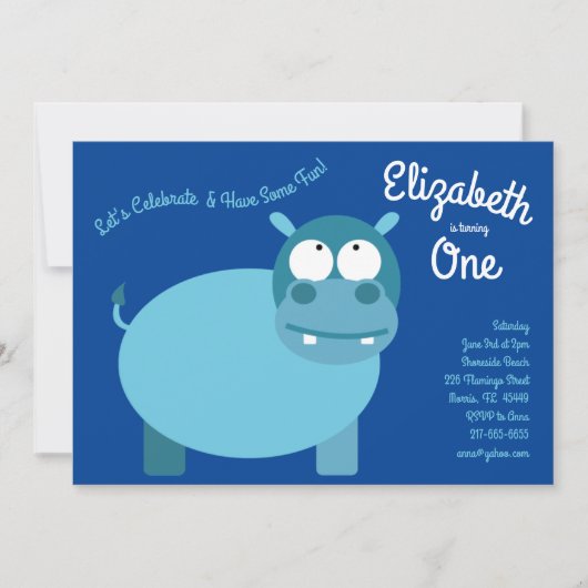 Schattigee Hippo Kinder 1e Verjaardag Uitnodiginge Kaart (Voorkant)