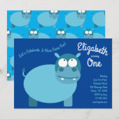 Schattigee Hippo Kinder 1e Verjaardag Uitnodiginge Kaart (Voorkant / Achterkant)