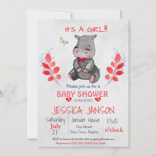 SCHATTIGEE HIPPO MEISJE BABY SHOWER UITNODIGING (Voorkant)