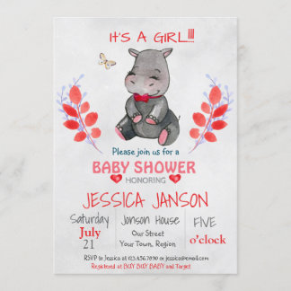 SCHATTIGEE HIPPO MEISJE BABY SHOWER UITNODIGING