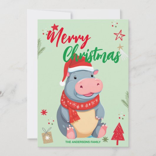 Schattigee HIPPO santa kerstvakantie Familienaam Feestdagenkaart (Voorkant)