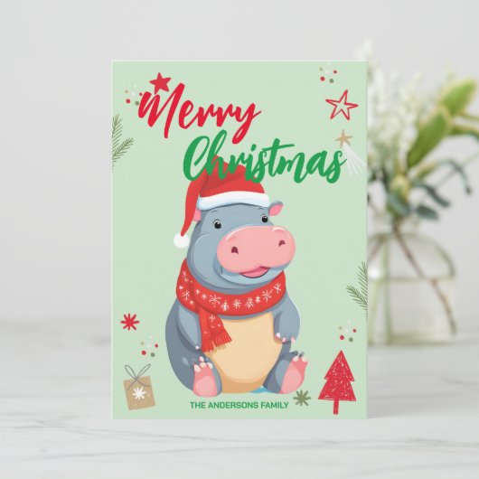 Schattigee HIPPO santa kerstvakantie Familienaam Feestdagenkaart (Staand voorkant)