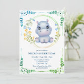 Schattigee Hippopotamus Bloemkrans 1e Verjaardag Kaart (Staand voorkant)