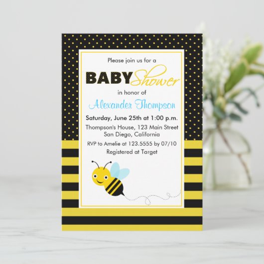 Schattigee hommel bijen jongen Baby shower uitnodi Kaart (Staand voorkant)