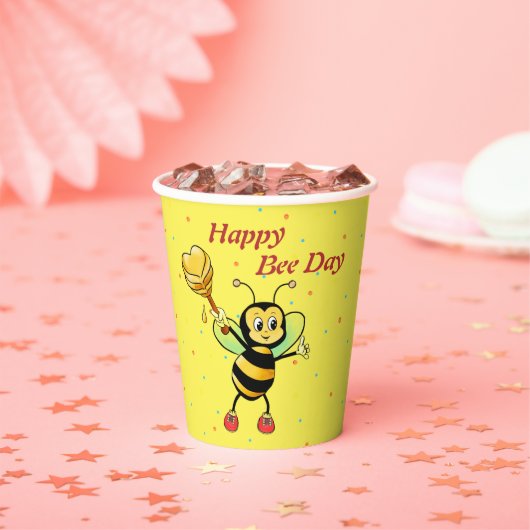 Schattigee hommel met hart en Confetti Verjaardag Papieren Bekers (Insitu)