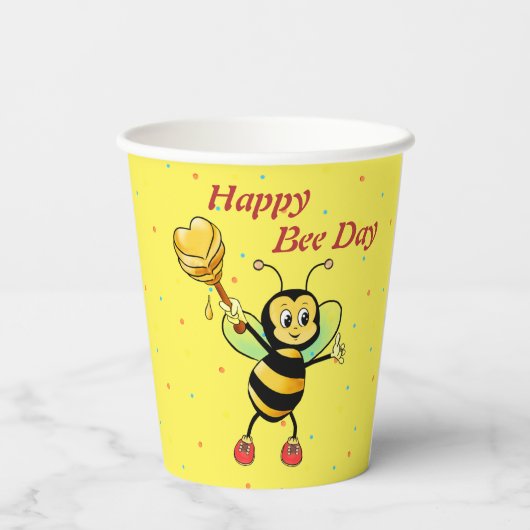 Schattigee hommel met hart en Confetti Verjaardag Papieren Bekers (Achterkant)