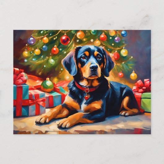 Schattigee hond bij de kerstboom feestdagenkaart (Voorkant)