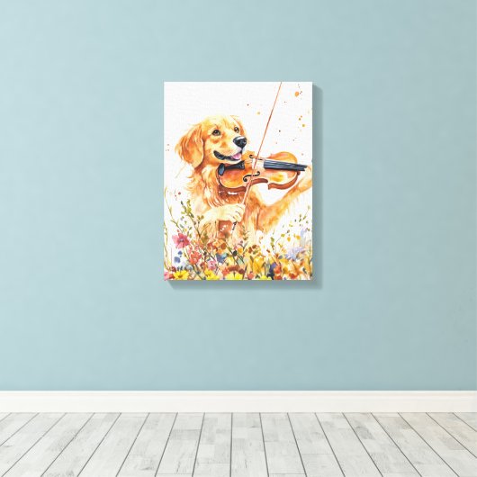 Schattigee hond die viool speelt canvas afdruk (Insitu (Houten vloer))