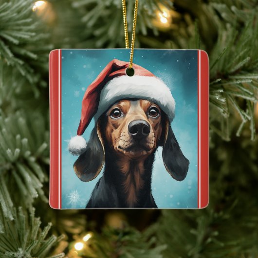 Schattigee Hond Dragen Santa Hat Dachshund Christm Keramisch Ornament (Boom)