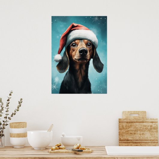 Schattigee Hond Dragen Santa Hat Dachshund Christm Poster (Keuken)