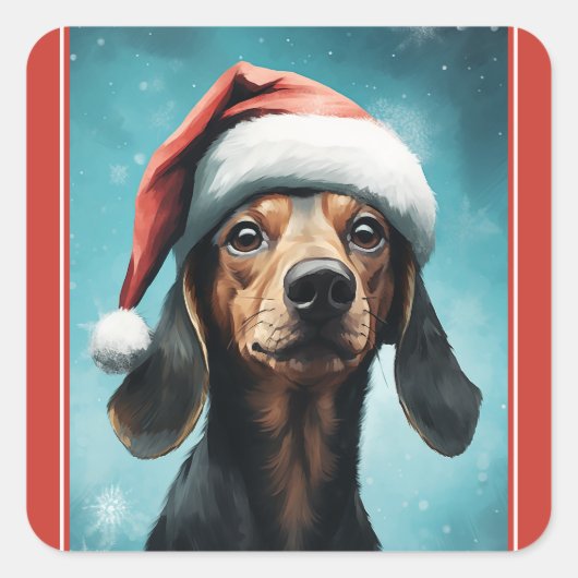 Schattigee Hond Dragen Santa Hat Dachshund Christm Vierkante Sticker (Voorkant)