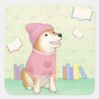 Schattigee Hond en Boeken Illustratie Kunst Vierkante Sticker