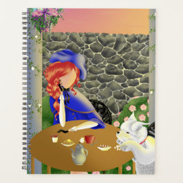 Schattigee hond en dame in café bij zonsondergang planner