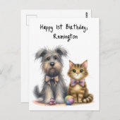 Schattigee hond en kat blij 1e verjaardag geperson briefkaart (Voorkant / Achterkant)